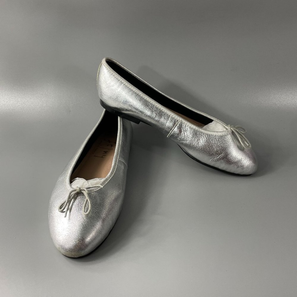 French Sole Silver Metallic Leather Ballet Slipper Flats, Size 42
